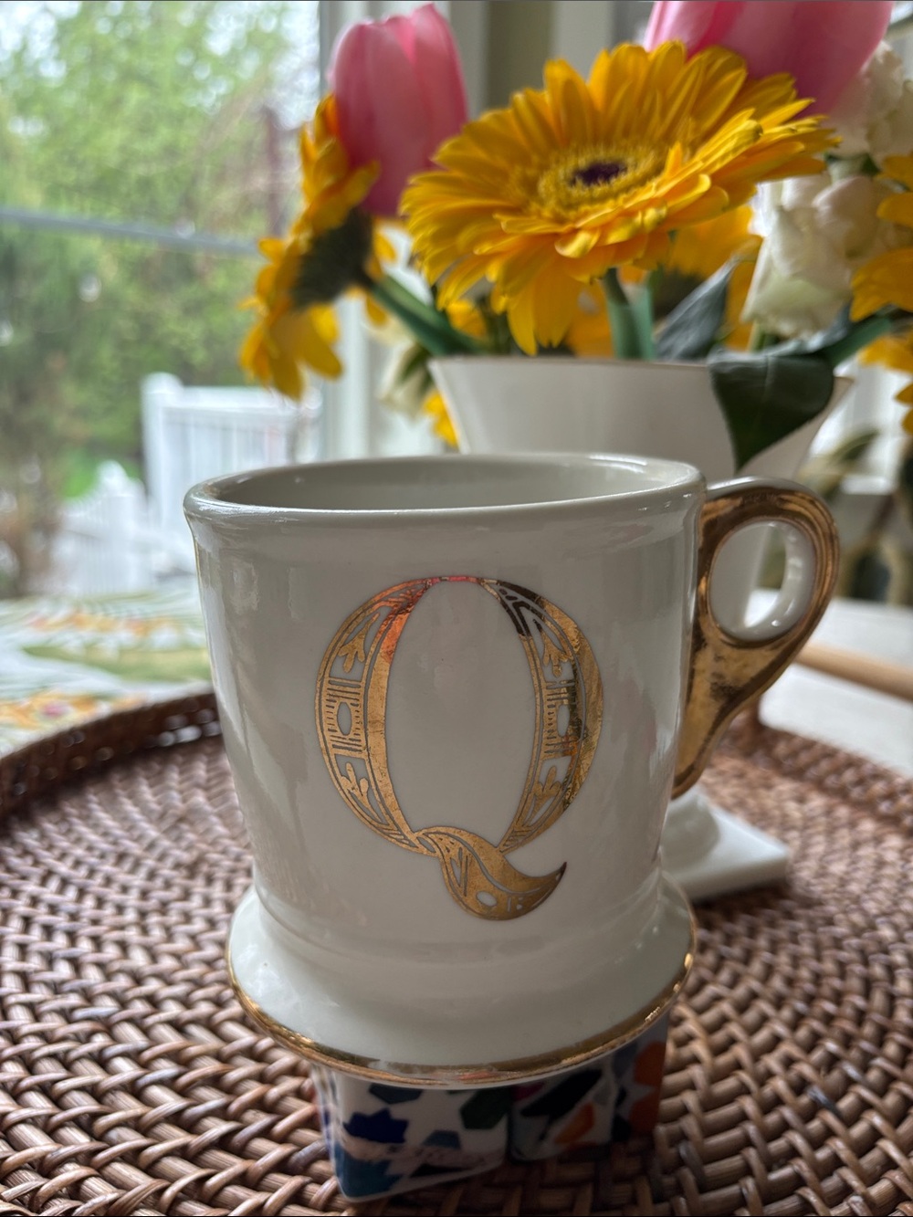 Anthropologie White Ceramic Monogram Q Mug with Gold Accent